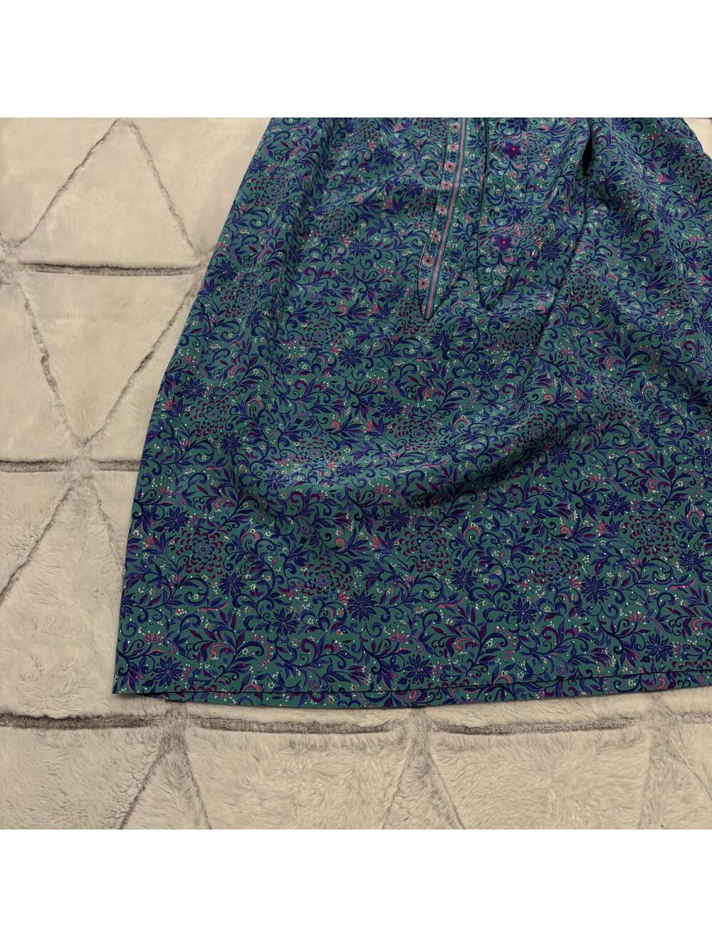 Vintage 80s shoulder pads Women's Blue Floral Shirt Dress Belt size 12 - Picture 2 of 8